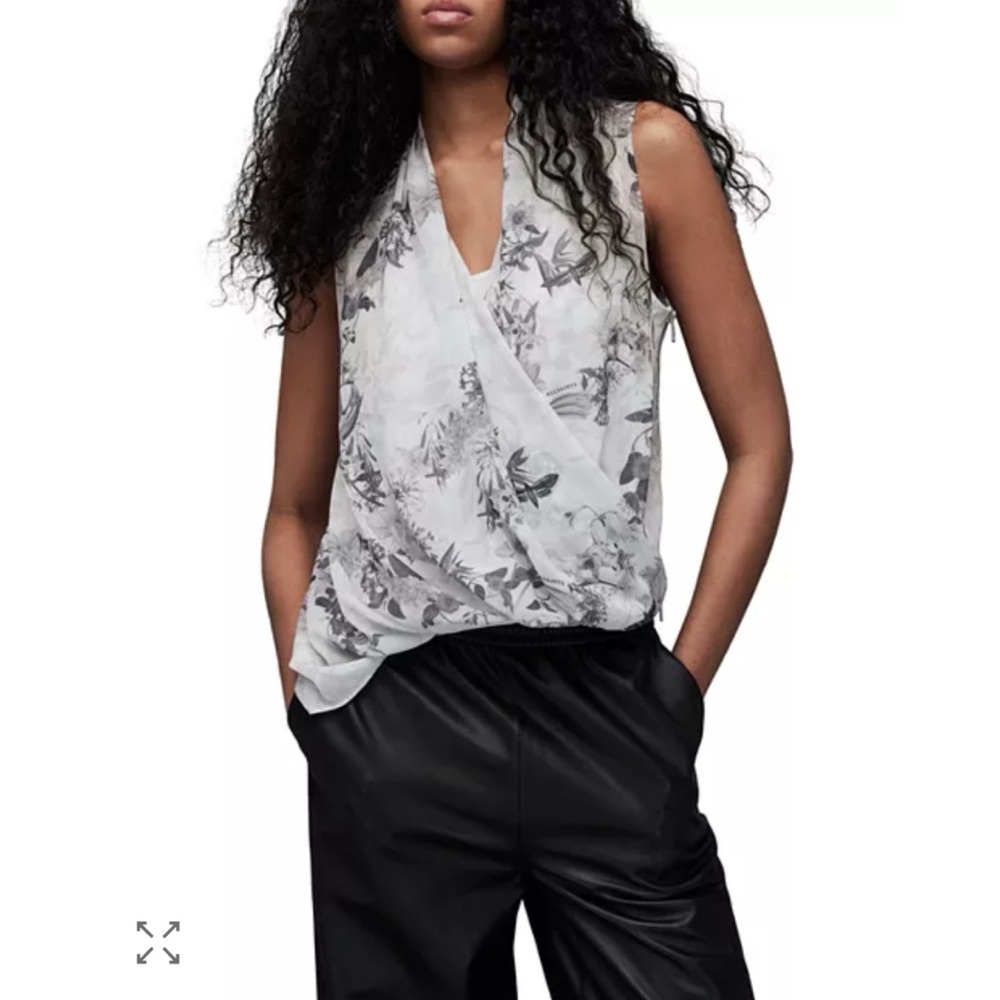 NWT All Saints Abi Audrey White Gray Floral Sleeveless Asymmetrical Top 2 New